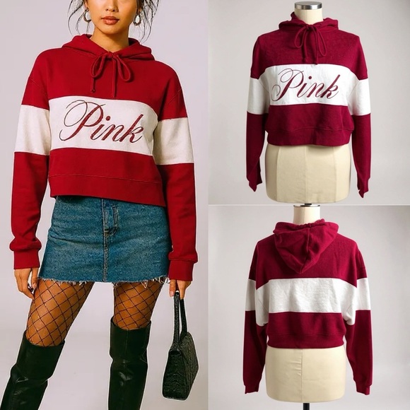 PINK Victoria's Secret Tops - 233 PINK Victoria's Secret |EUC Women's Red and White Cropped Hoodie (size XS/S)